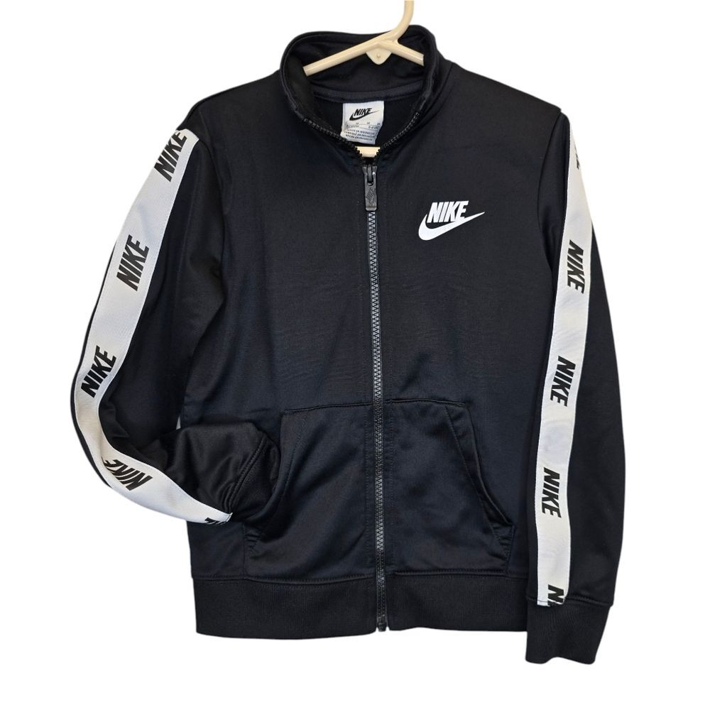 Nike Boys M (4-5) Black White Logo Taping Athletic Track Jacket
